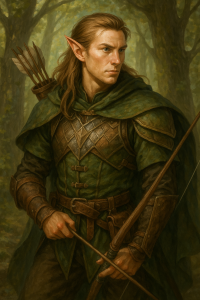 Elf one holding bow and arrow in woods