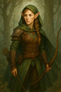 Female elf holding a bow in a forest