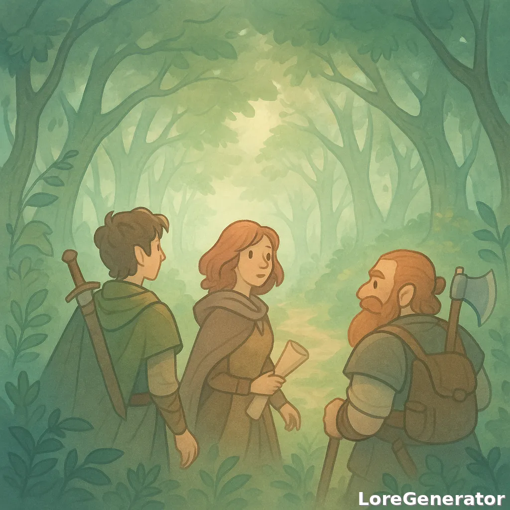 friendly fantasy adventurers in a misty forest