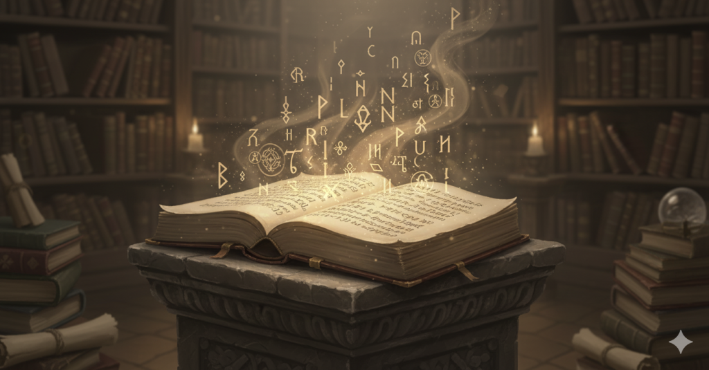 An ancient open book or grimoire radiating glowing magical runes and ethereal light, set in a mysterious library, representing D&D name generation and lore