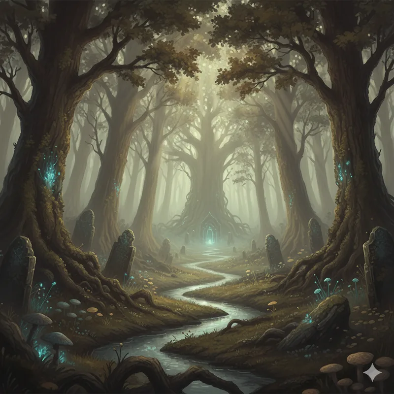 Ethereal, muted fantasy forest background with standing stones and mist, representing ancient druidic heritage and nature magic