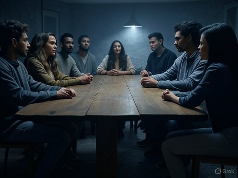 Ancient fantasy council in gray robes seated at a grand wooden table in a stone hall with arched windows overlooking misty mountains, evoking world-building inspiration.