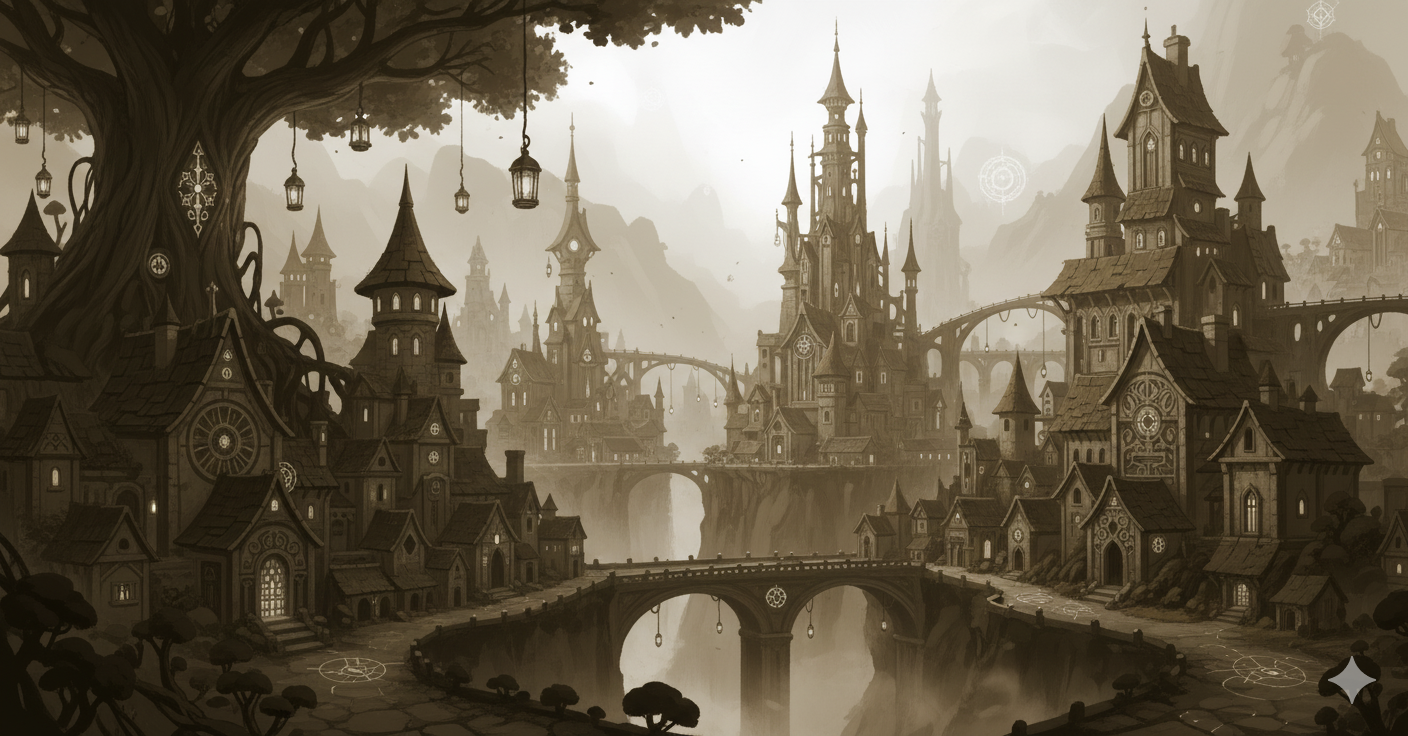 Detailed, fantastical city with unique architecture, bridges, and subtle magical symbols, illustrating tips for generating unique city names