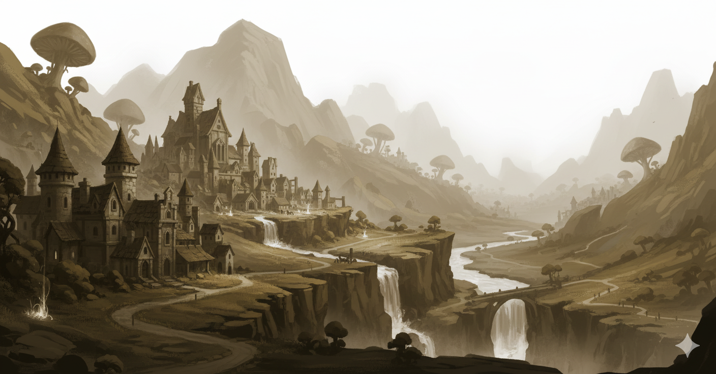 Muted fantasy landscape showing emerging city structures against mountains, representing the creation process for city names.
