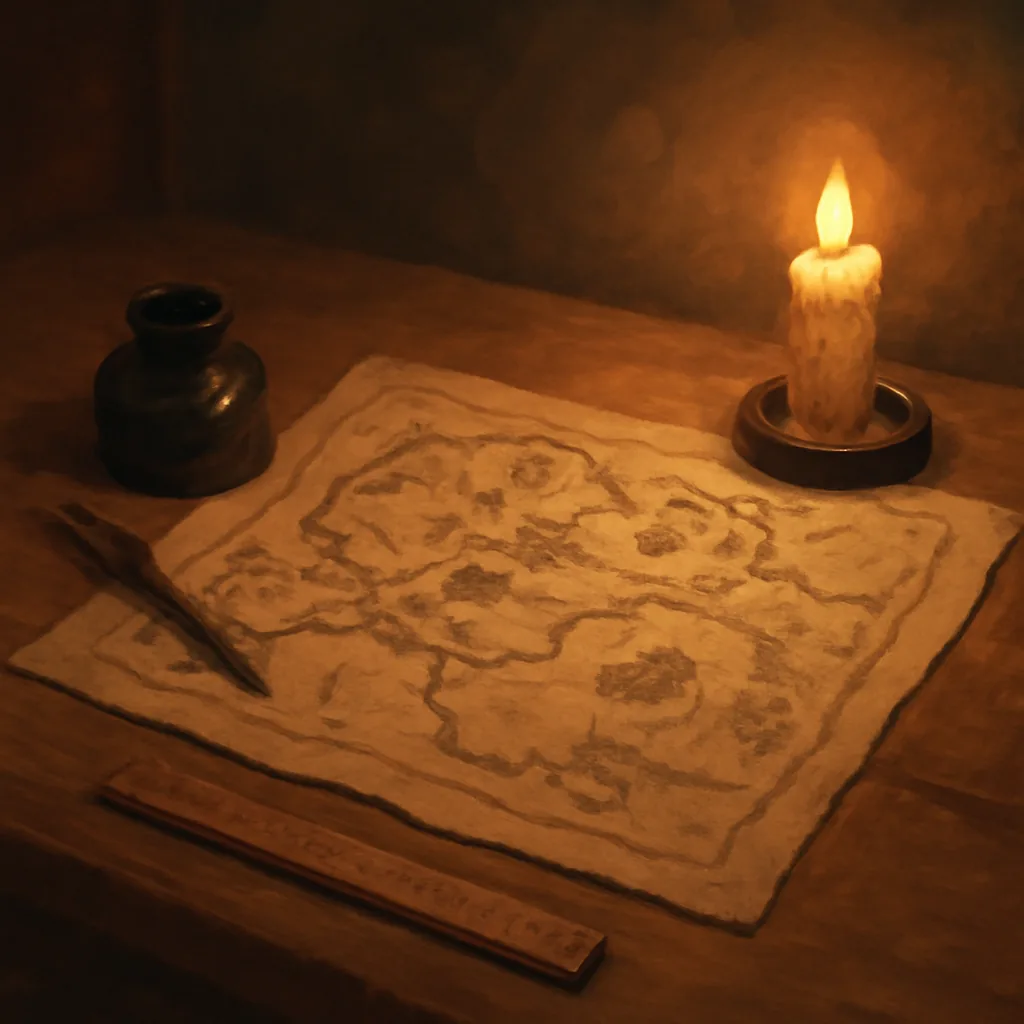 A hand-drawn fantasy map on a desk by candlelight
