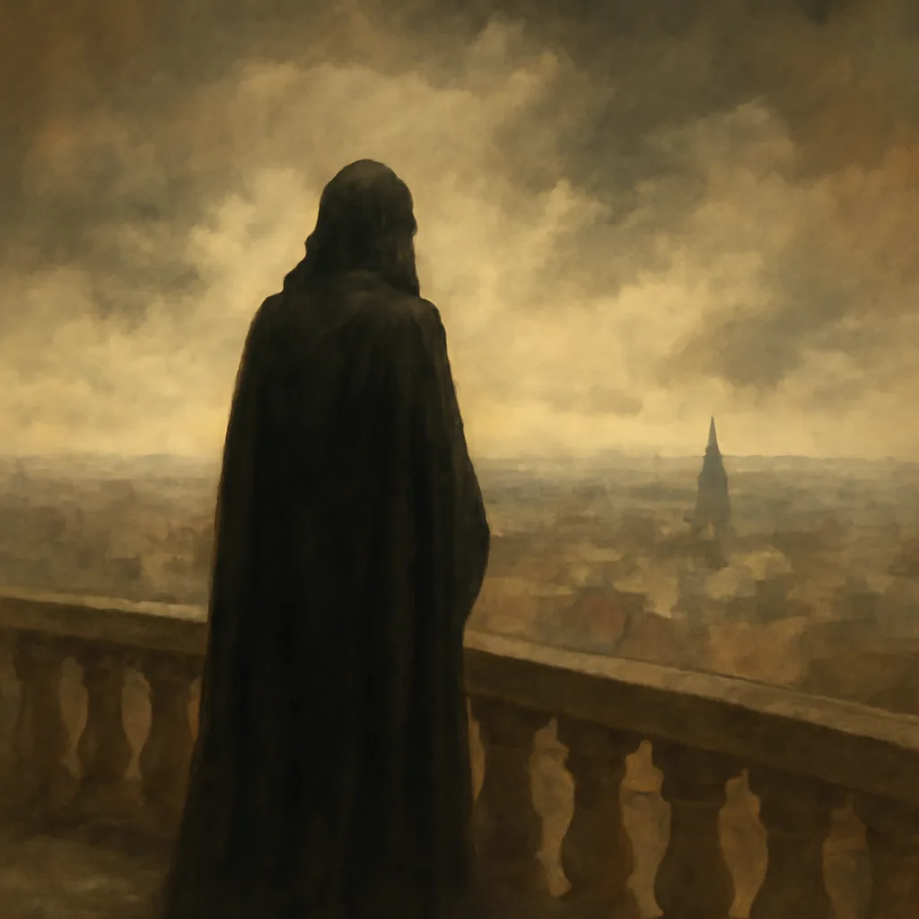 A dark-robed villain overlooking a city from a balcony